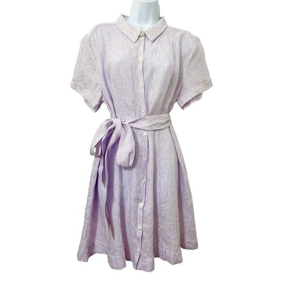 Hill House The Laura Linen Belted Mini Dress Size L Lilac Stripe Event Pockets - Picture 1 of 8